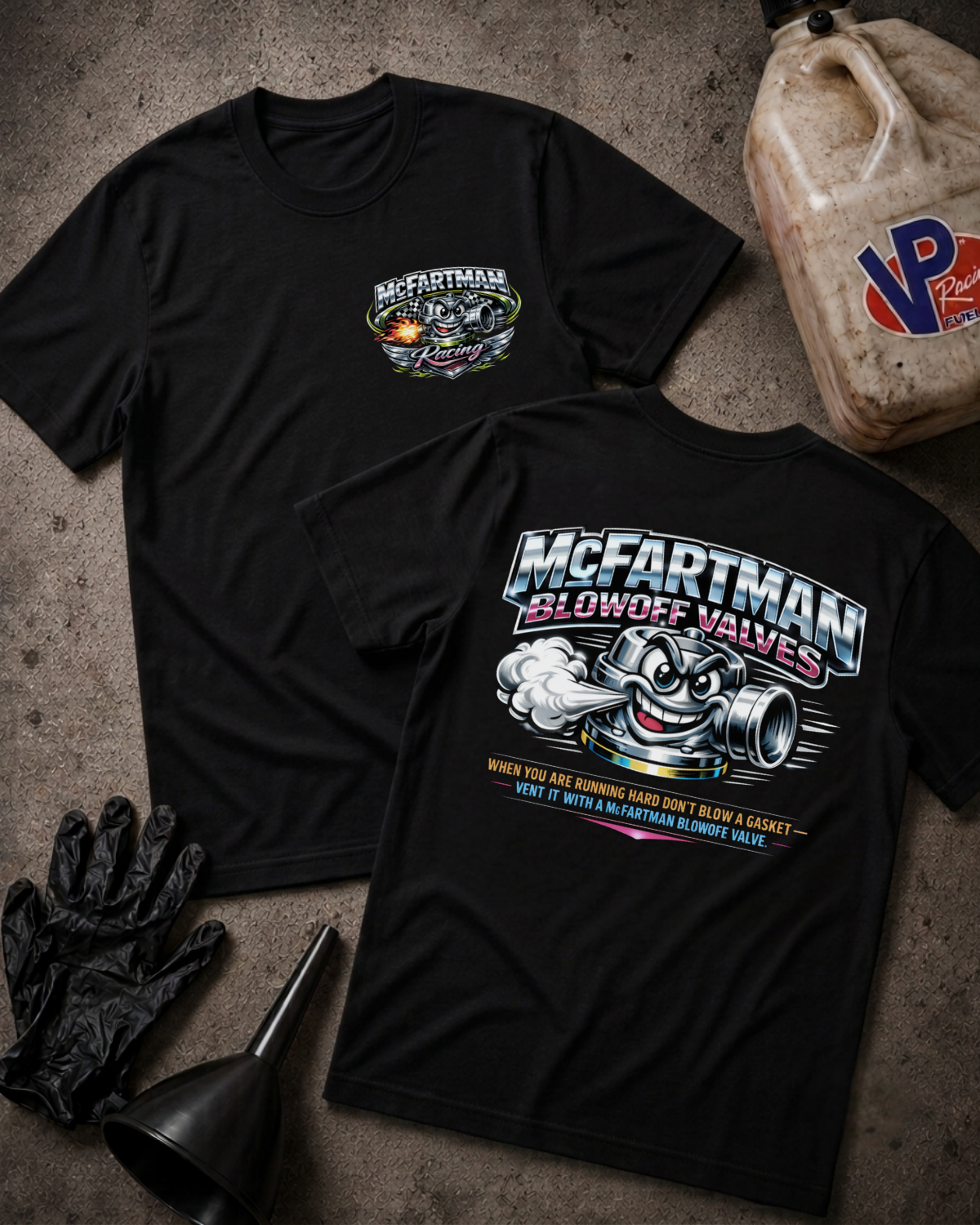 Two black graphic T-shirts laid flat on a textured concrete surface, with a large McFartman Blowoff Valves logo on the back and a smaller chest graphic on the front. Black gloves, a funnel, and a plastic jug are placed around them as styling props.