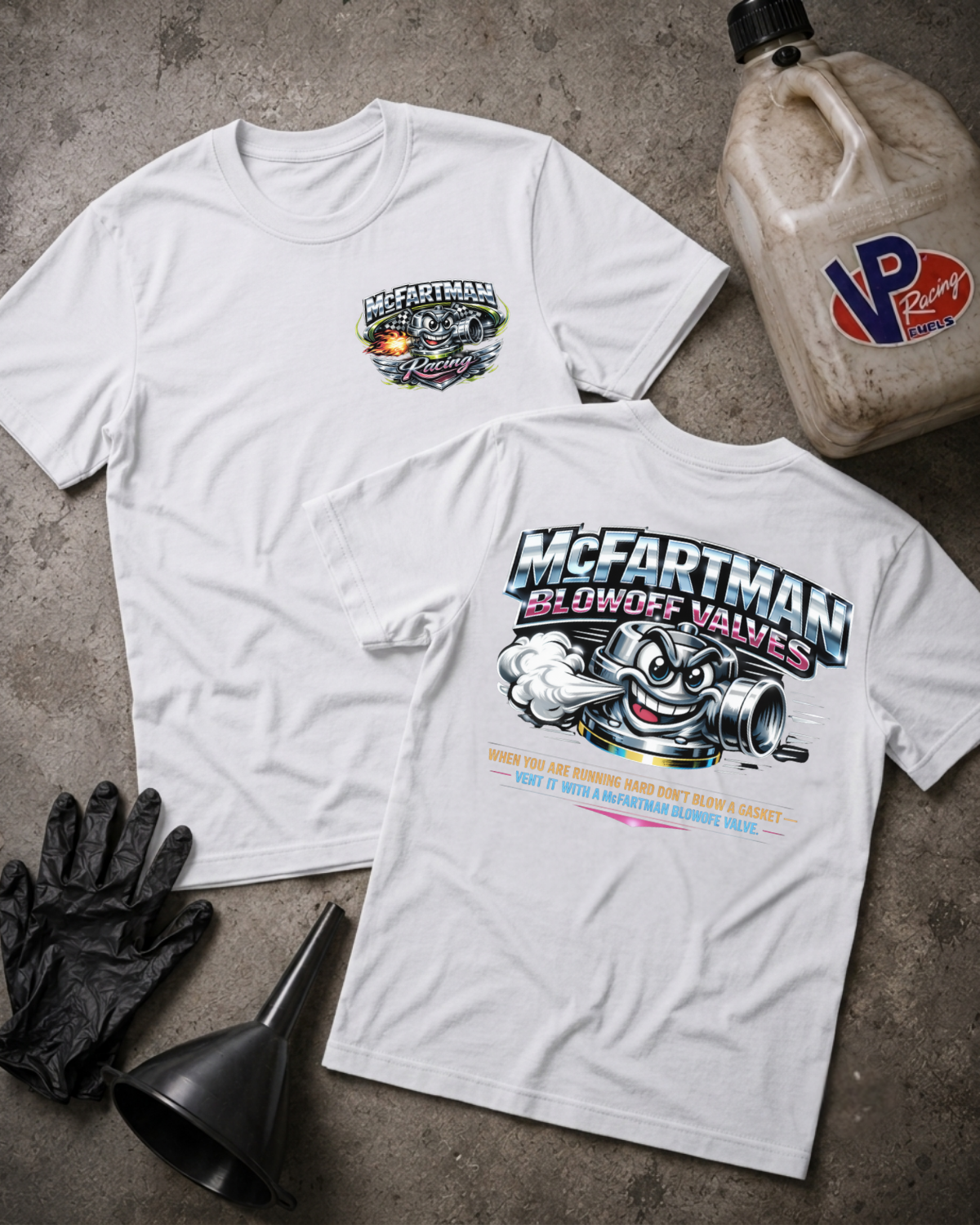 Two white short-sleeve T-shirts shown flat on a gray concrete surface, with the front and back views overlapping. The front has a small chest graphic reading McFartman, and the back has a large graphic with the same brand name, a cartoon valve character, and smaller text.
