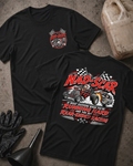 Front and back of NAD-SCAR Racing black T-shirt with chest logo, cartoon race cars in a rear-end collision, and “Running hard and you get rear-ended racing” text.