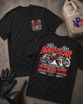 Two black graphic T-shirts laid flat on a textured gray surface, with automotive-themed printed artwork and the text 'NAD-SCAR IS WHAT HAPPENS WHEN YOU'RE RUNNING HARD AND YOU GET REAR-ENDED RACING.' One shirt shows a small circular chest logo, and the other shows a large back graphic with an drag racing illustration and the phrase 'NAD-SCAR IS WHAT HAPPENS WHEN YOU'RE RUNNING HARD AND YOU GET REAR-ENDED RACING'.
