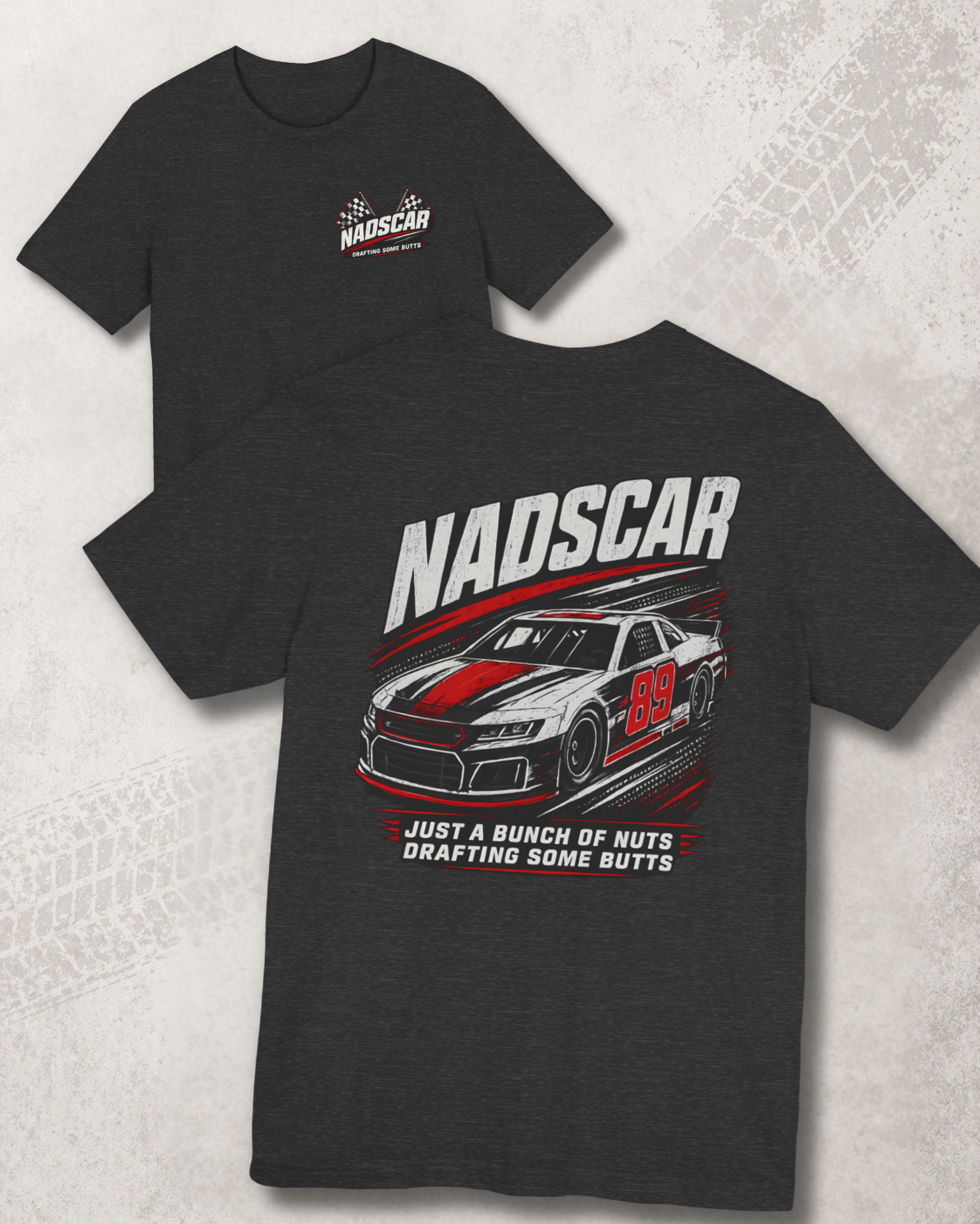 Black t-shirt with NADSCAR graphic design on a textured gray background