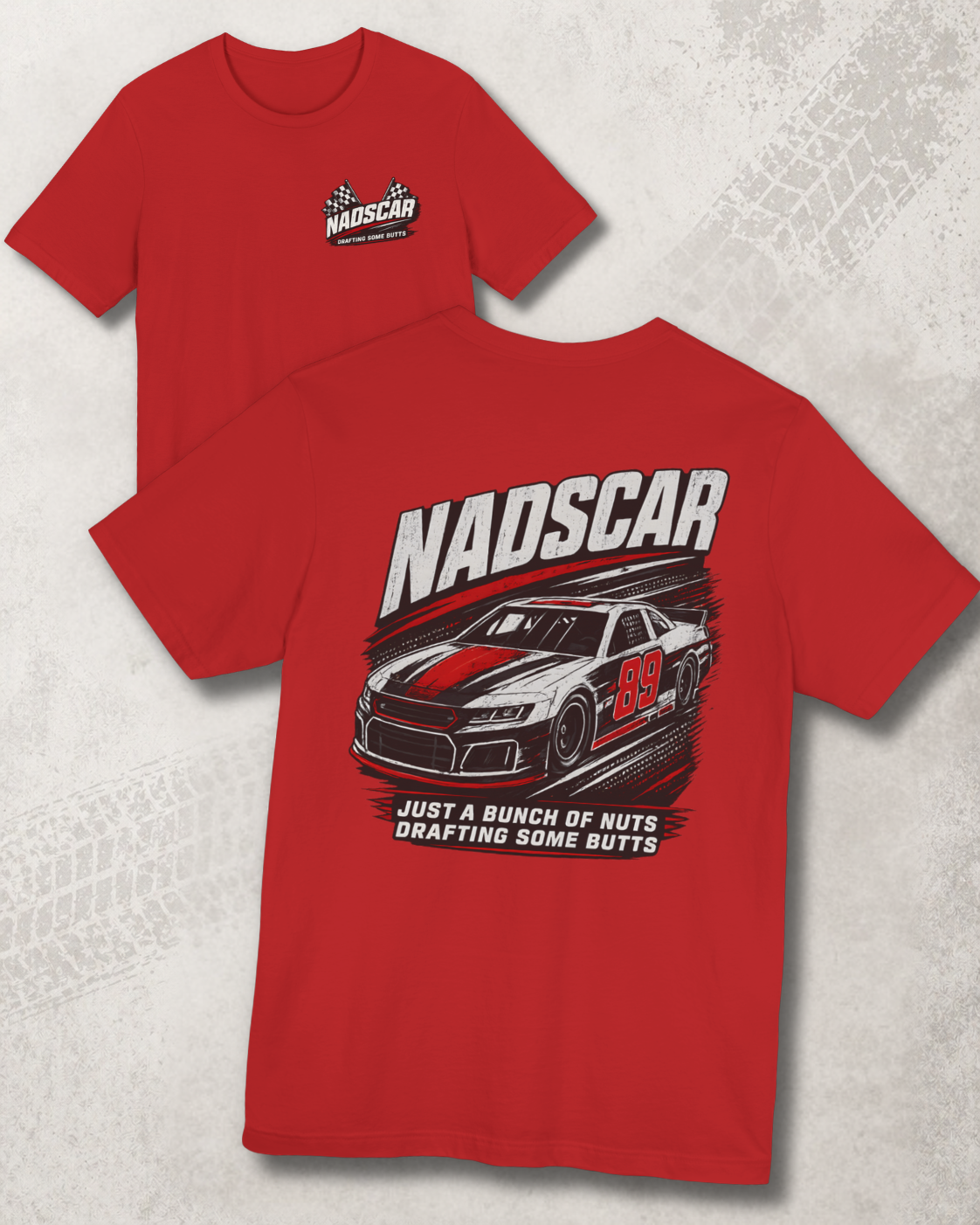 Red t-shirt with NADSCAR logo and race car graphic on a textured gray background