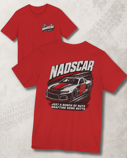 Red t-shirt with NADSCAR logo and race car graphic on a textured gray background