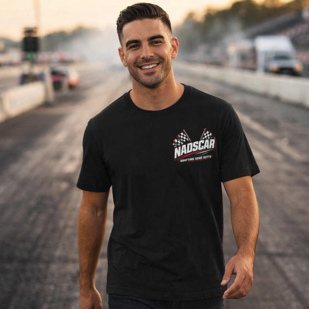 Man wearing a black NADSCAR t-shirt on a race track