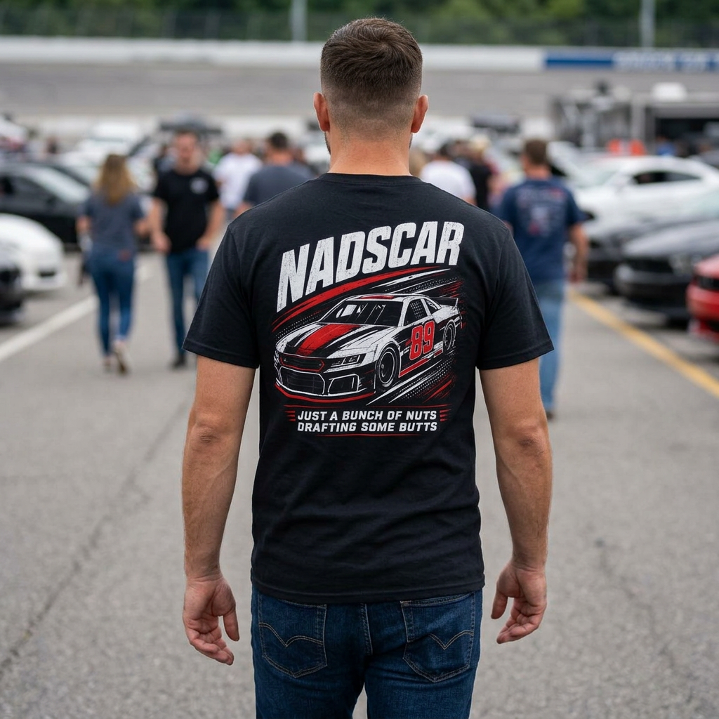 Man wearing a black t-shirt with 'NADSCAR' and car graphic, standing on a race track.