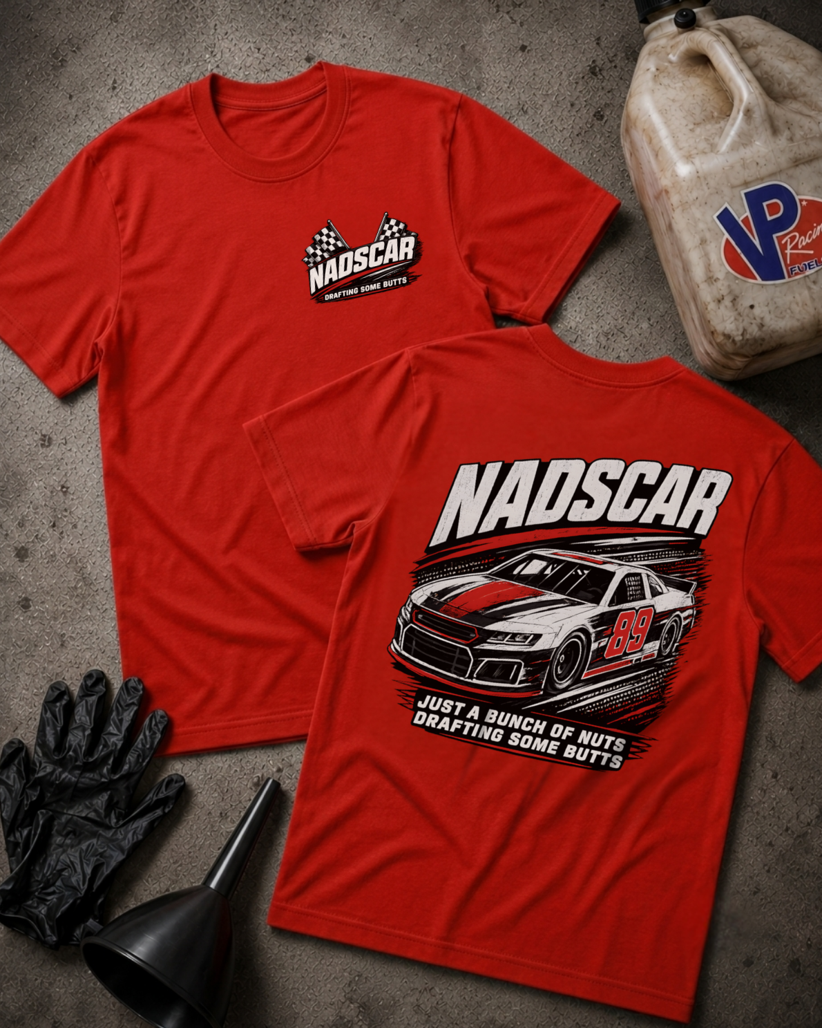 Two red short-sleeve T-shirts laid flat on a gray concrete-like surface, showing the front and back designs. The front has a small NADSCAR logo on the left chest, and the back has a large NADSCAR race car graphic with text.