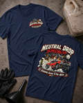 Front and back of Neutral Drop Specialist navy T-shirt with chest logo, red muscle car launching amid smoke and flying gears, and “Sending gears to the moon!” slogan.