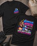 Black Nitrous Nancy’s T-shirt, front and back: small nitrous bottle chest emblem and neon woman, blue nitrous bottle and drag car graphic reading “Give her the gas and watch her pass.”