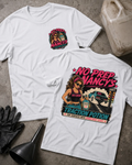 Front and back of No Prep Nancy’s white T-shirt with chest logo, woman holding traction potion beside a drag car doing a burnout, and “For surfaces with commitment issues” slogan.