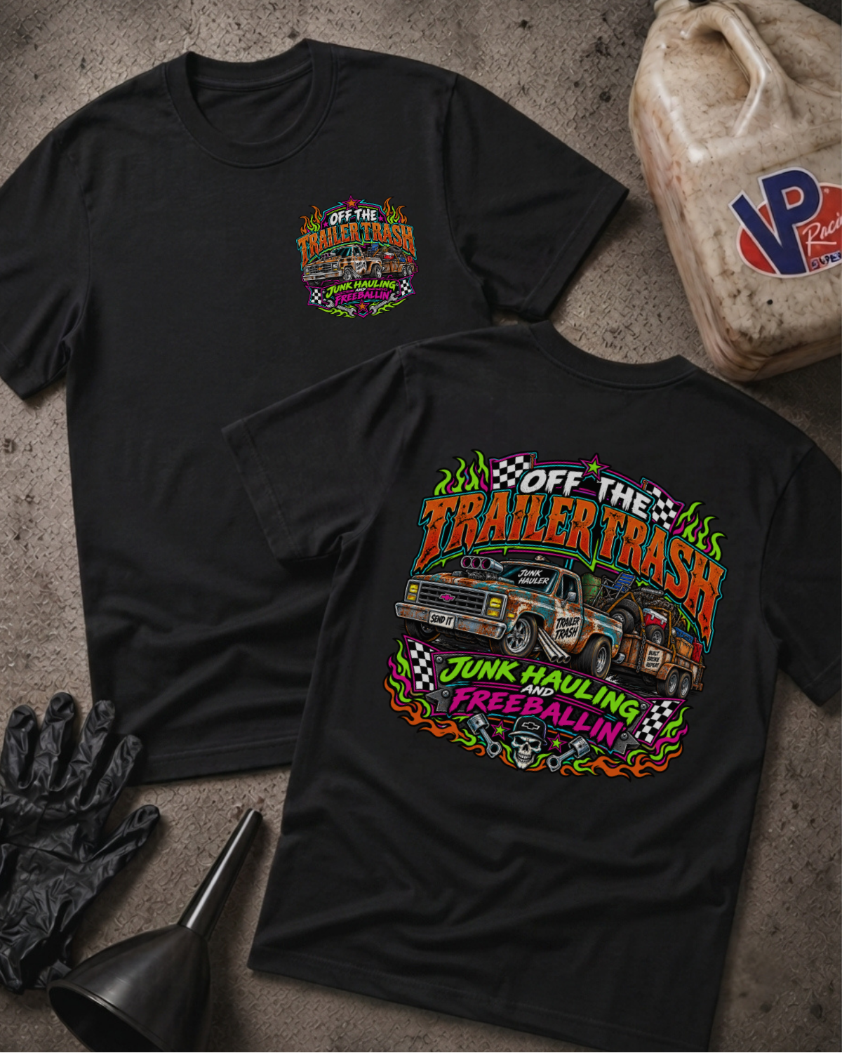 Two black graphic T-shirts laid flat on a textured concrete surface, with a black glove, funnel, and a worn plastic jerrycan nearby. The front shirt shows a small multicolor chest graphic, and the back shirt shows a large colorful truck graphic with the text 'Off the Trailer Trash' and 'Junk Hauling and Freeballin'.