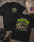 Two black graphic T-shirts laid flat on a textured gray surface, showing the front and back designs. The shirts feature a colorful truck illustration with the text 'OFF THE TRAILER TRASH' and 'BEATING THEM WITH TRASH AND TAKING CASH.