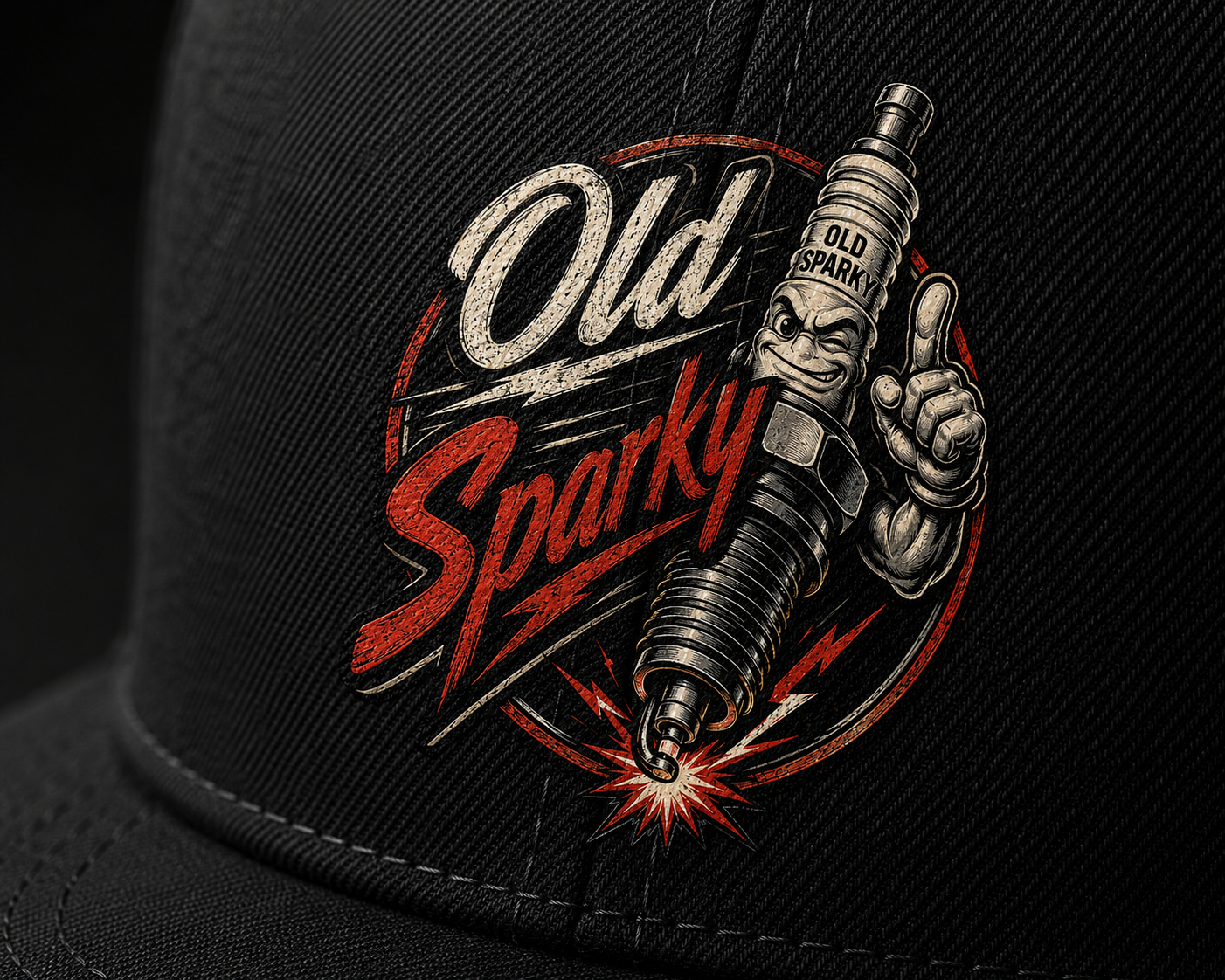 Black cap with 'Old Sparky' logo featuring a spark plug and text on a dark background
