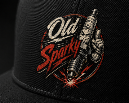 Black cap with 'Old Sparky' logo featuring a spark plug and text on a dark background
