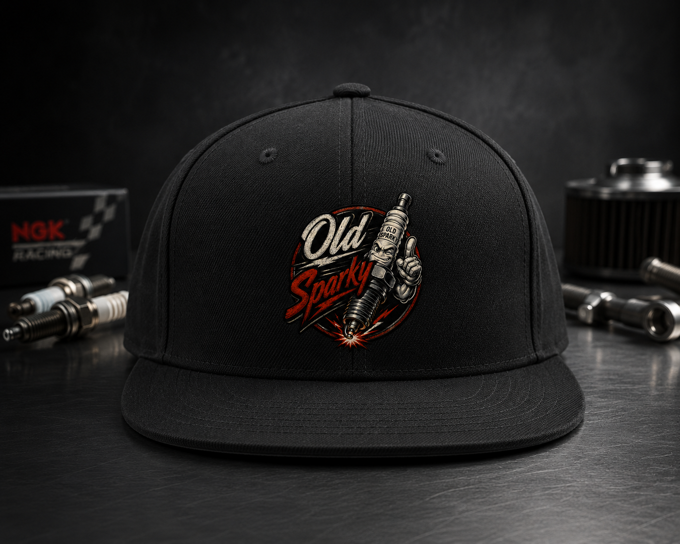 Black cap with 'Old Sparky' logo on a dark surface with automotive parts.