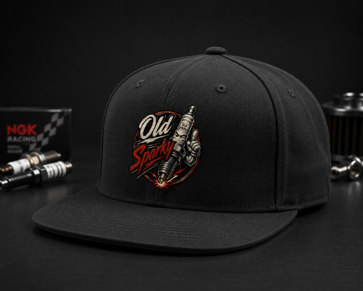 Black cap with 'Old Sparky' logo on a dark background