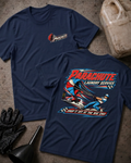 Front and back of Parachute Laundry Service navy drag racing T-shirt with chest logo, crew member pulling a red, white and blue parachute beside a race car, and “Drop it off at the big end” slogan.