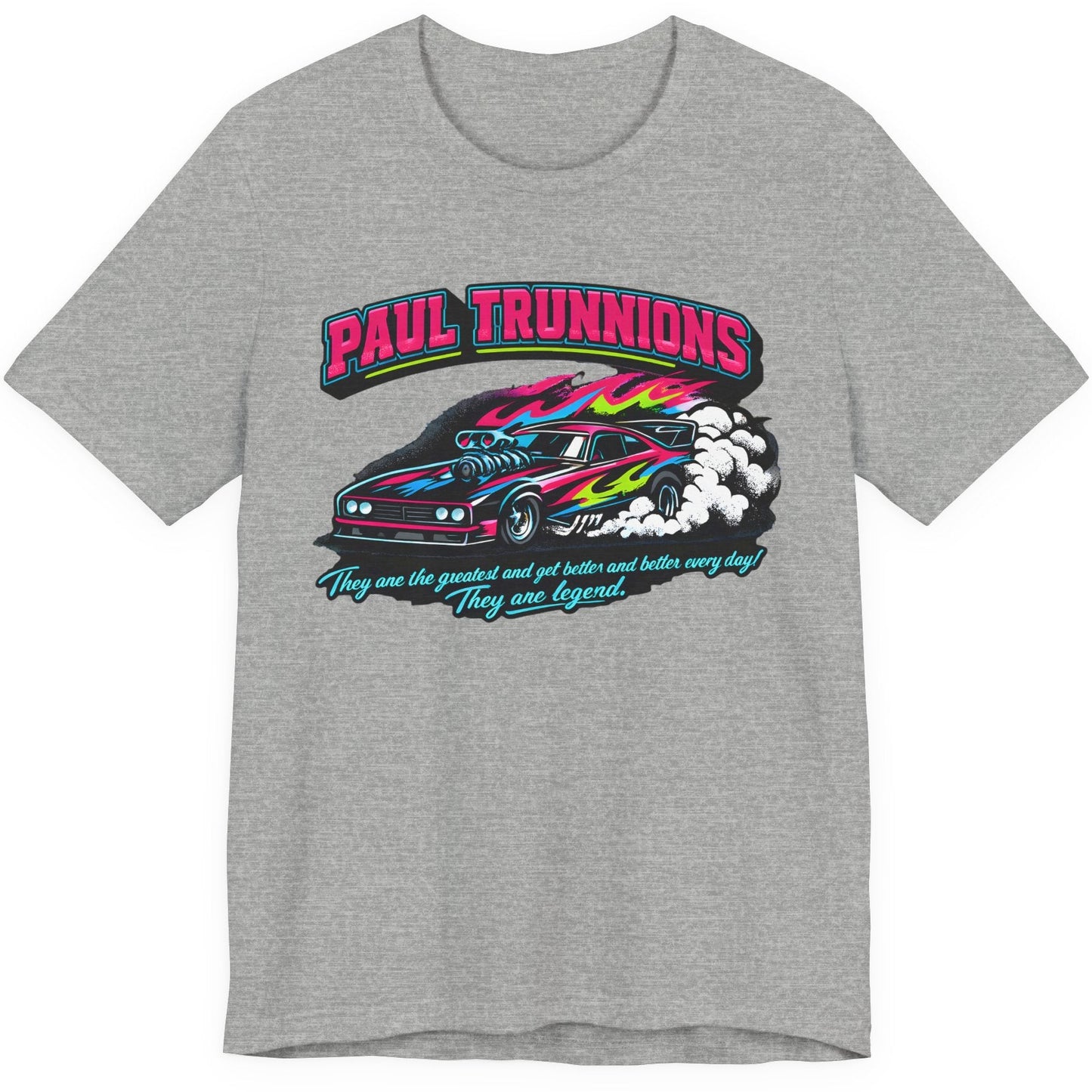 Athletic heather Paul Trunnions drag racing t-shirt with neon funny car design