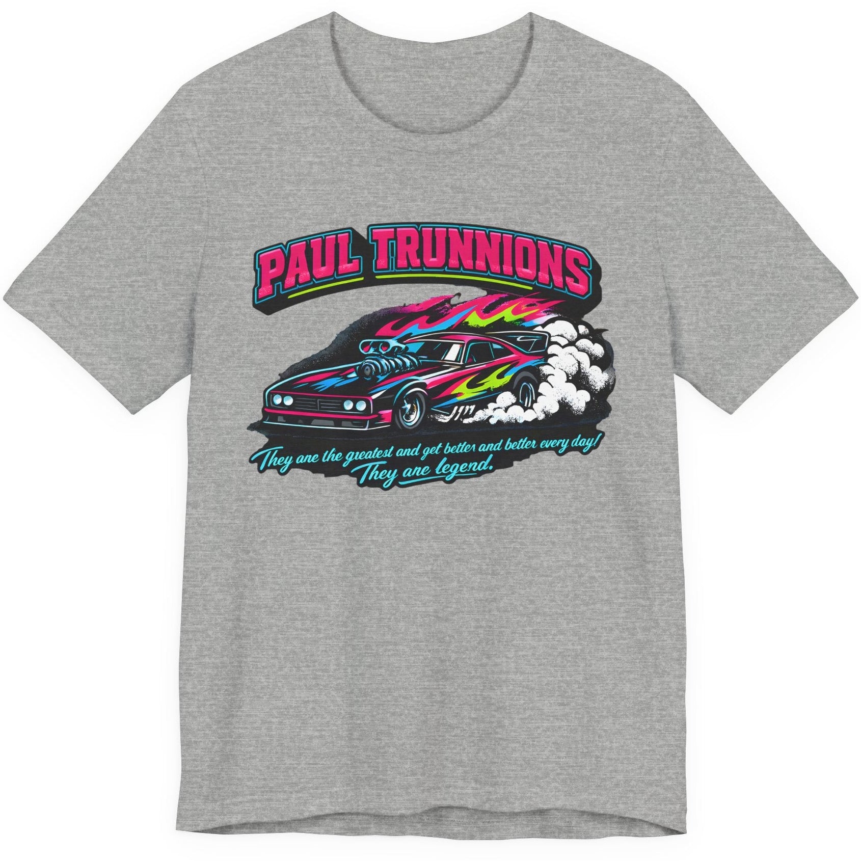 Athletic heather Paul Trunnions drag racing t-shirt with neon funny car design