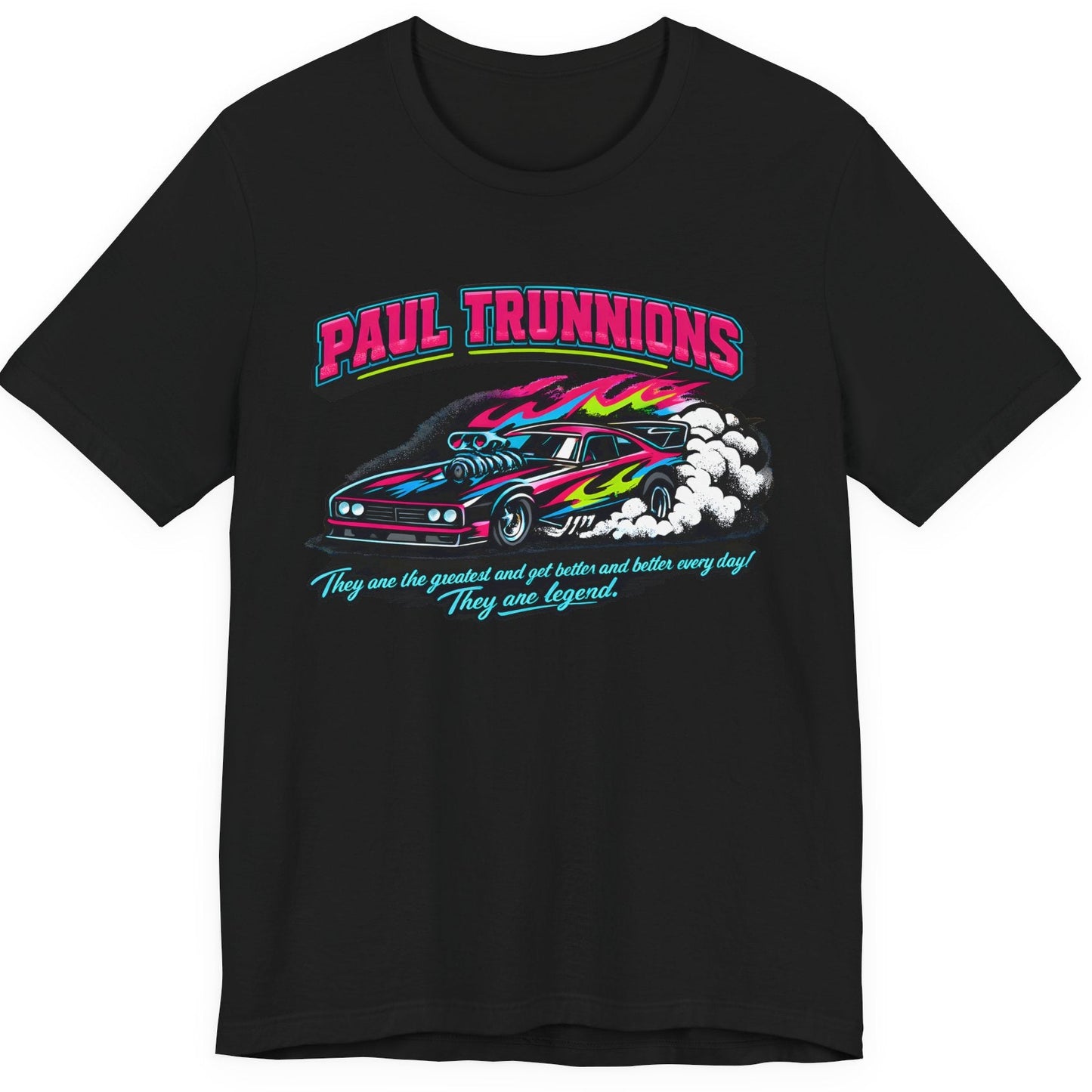 Black Paul Trunnions drag racing t-shirt flat lay with neon funny car burnout graphic