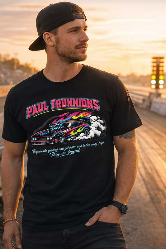 Paul Trunnions drag racing t-shirt in black worn trackside at a drag strip featuring neon funny car graphic