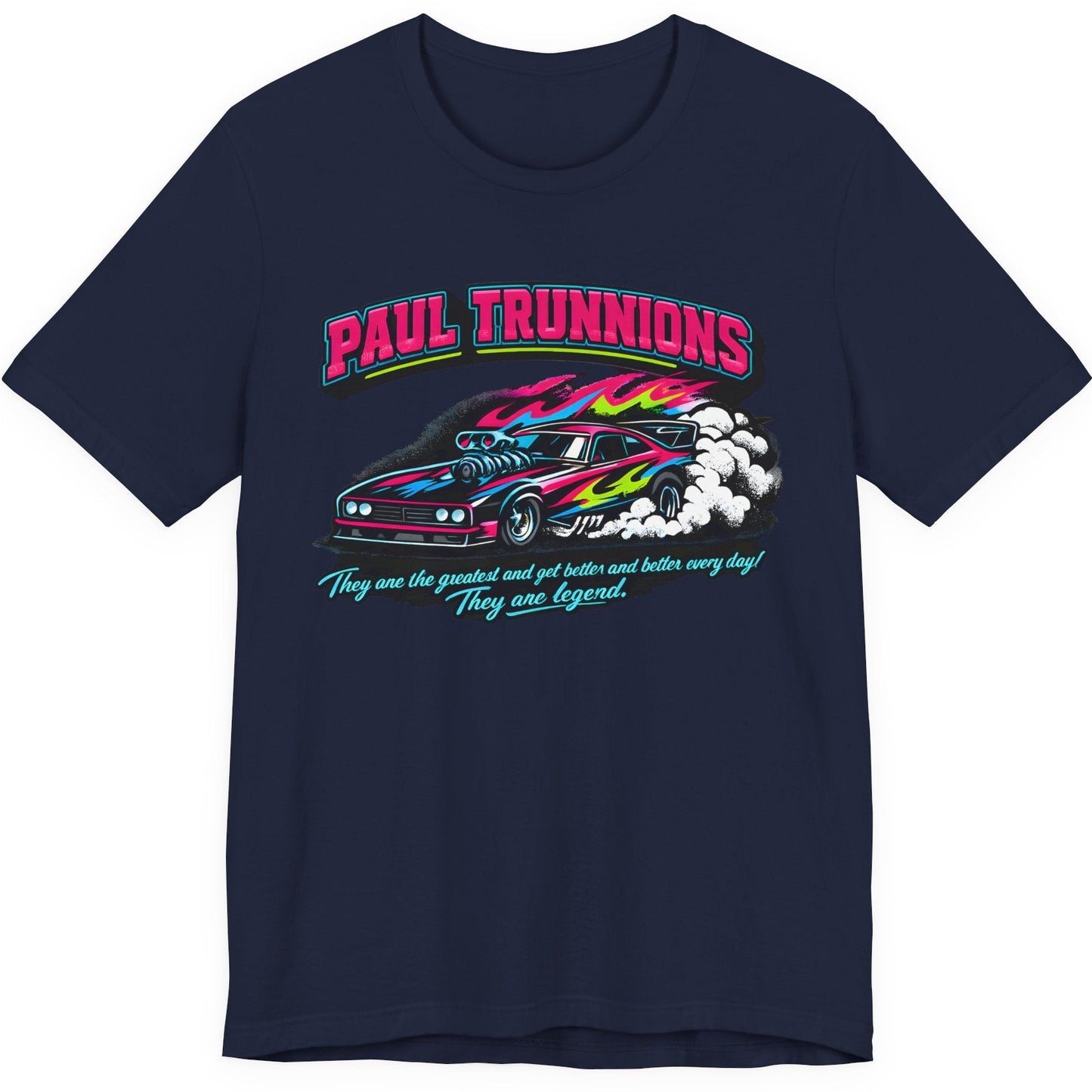 Navy Paul Trunnions drag racing t-shirt with retro neon funny car design