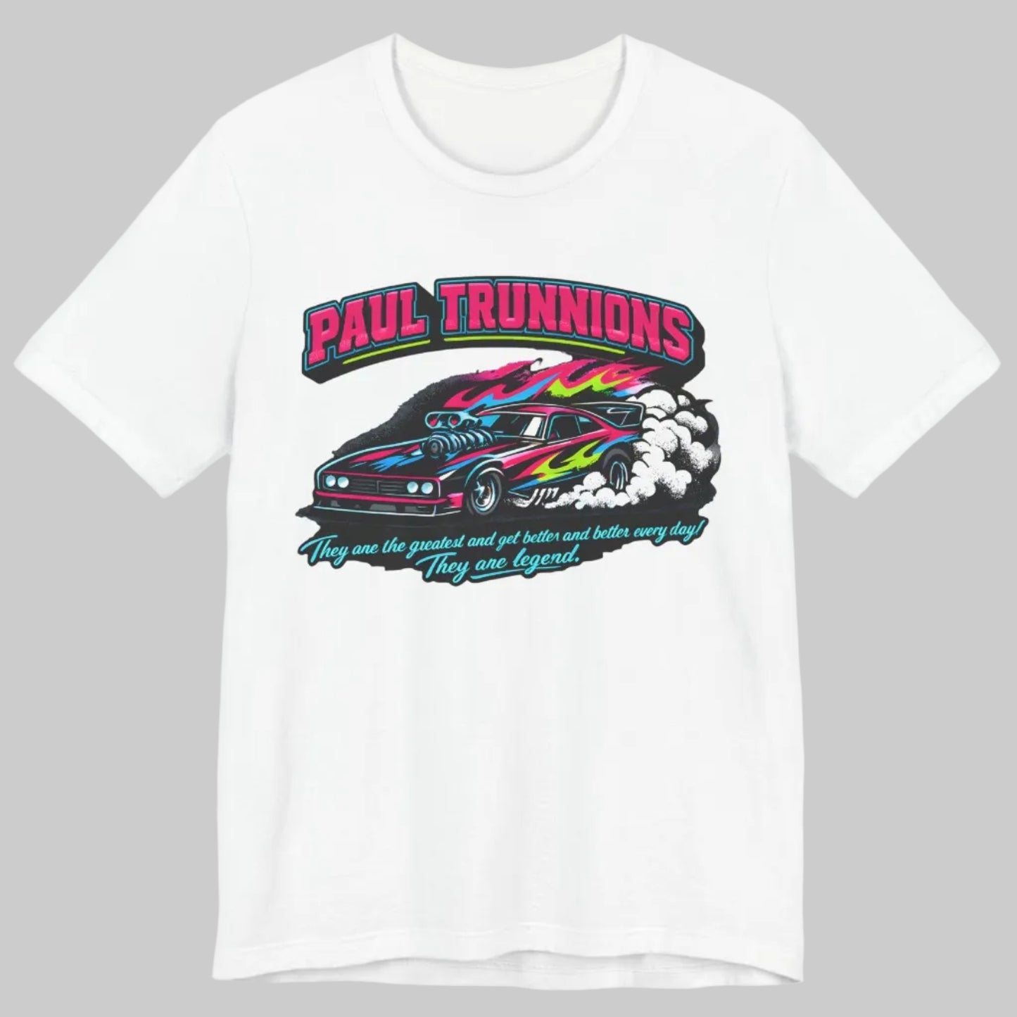 White Paul Trunnions drag racing t-shirt featuring colorful funny car burnout graphic