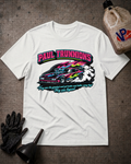 A white graphic t-shirt featuring a colorful 'Paul Trunnions' drag racing design, styled in a flat-lay with black racing gloves, a funnel, and a bottle of oil on a dark textured background.