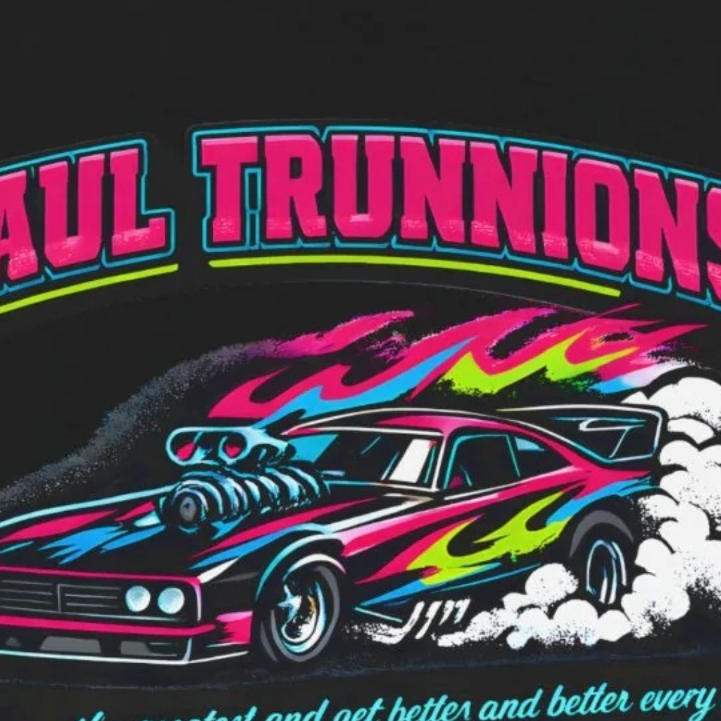 Close-up detail of Paul Trunnions neon funny car drag racing graphic on black Bella Canvas 3001 shirt