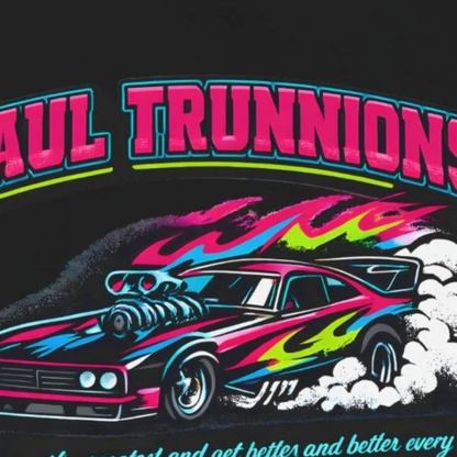 Close-up detail of Paul Trunnions neon funny car drag racing graphic on black Bella Canvas 3001 shirt