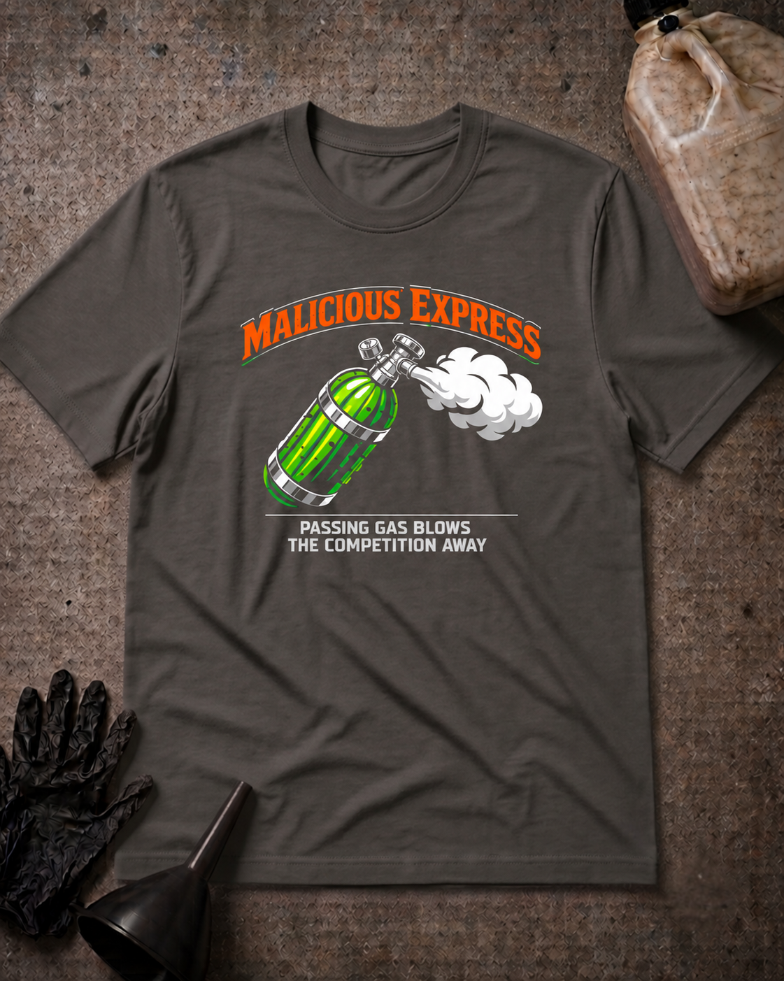 Malicious Express Passing Gas Pickle Tee in asphalt, flat lay with an unbranded prop bottle.