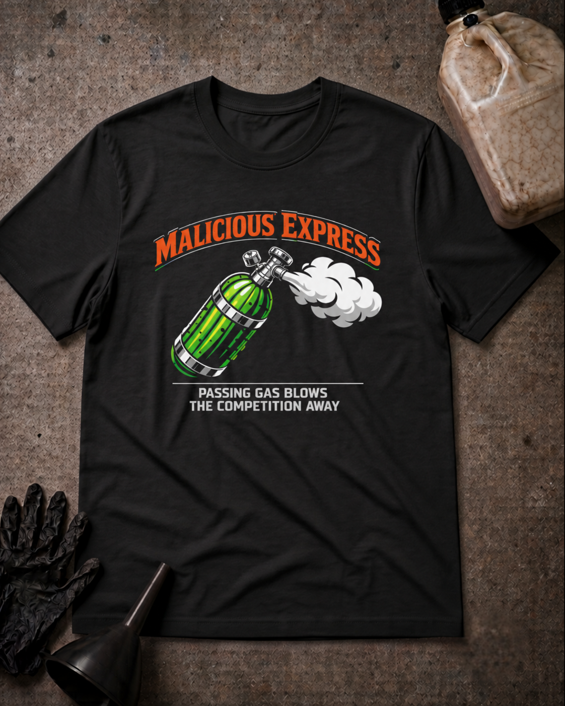 Malicious Express Passing Gas Pickle Tee in black, flat lay with an unbranded prop bottle.