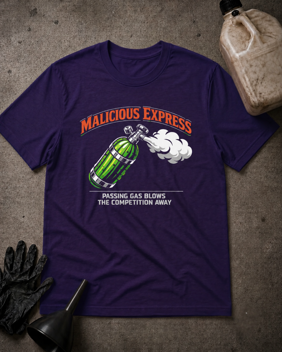 Malicious Express Passing Gas Pickle Tee in team purple, flat lay with an unbranded prop bottle.