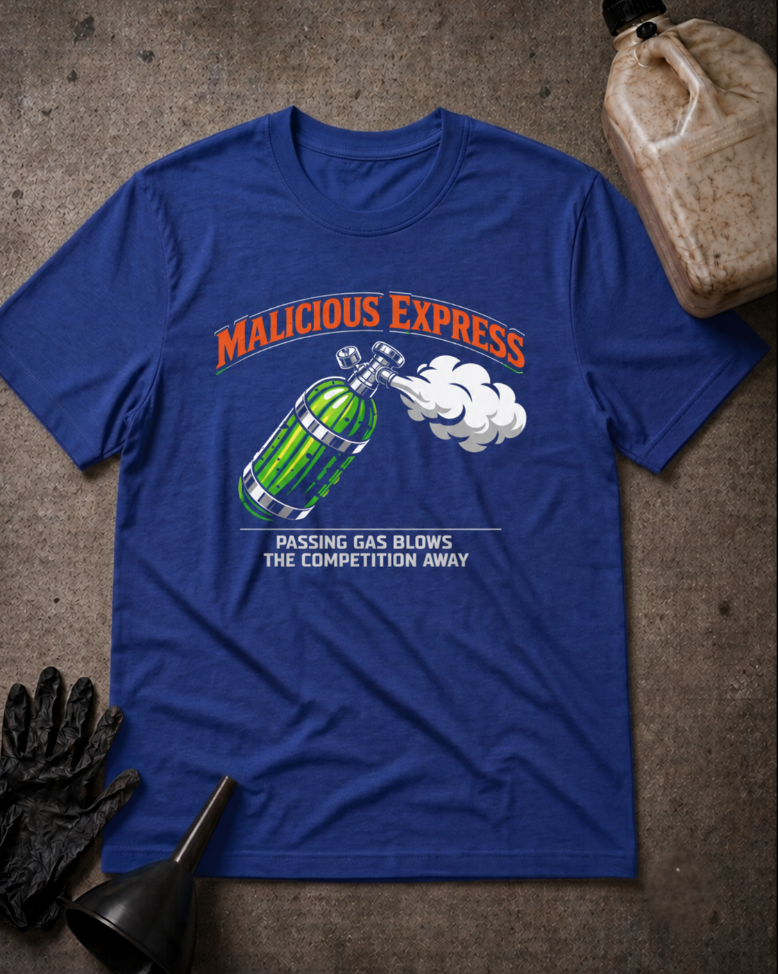 Malicious Express Passing Gas Pickle Tee in true royal, flat lay with an unbranded prop bottle.
