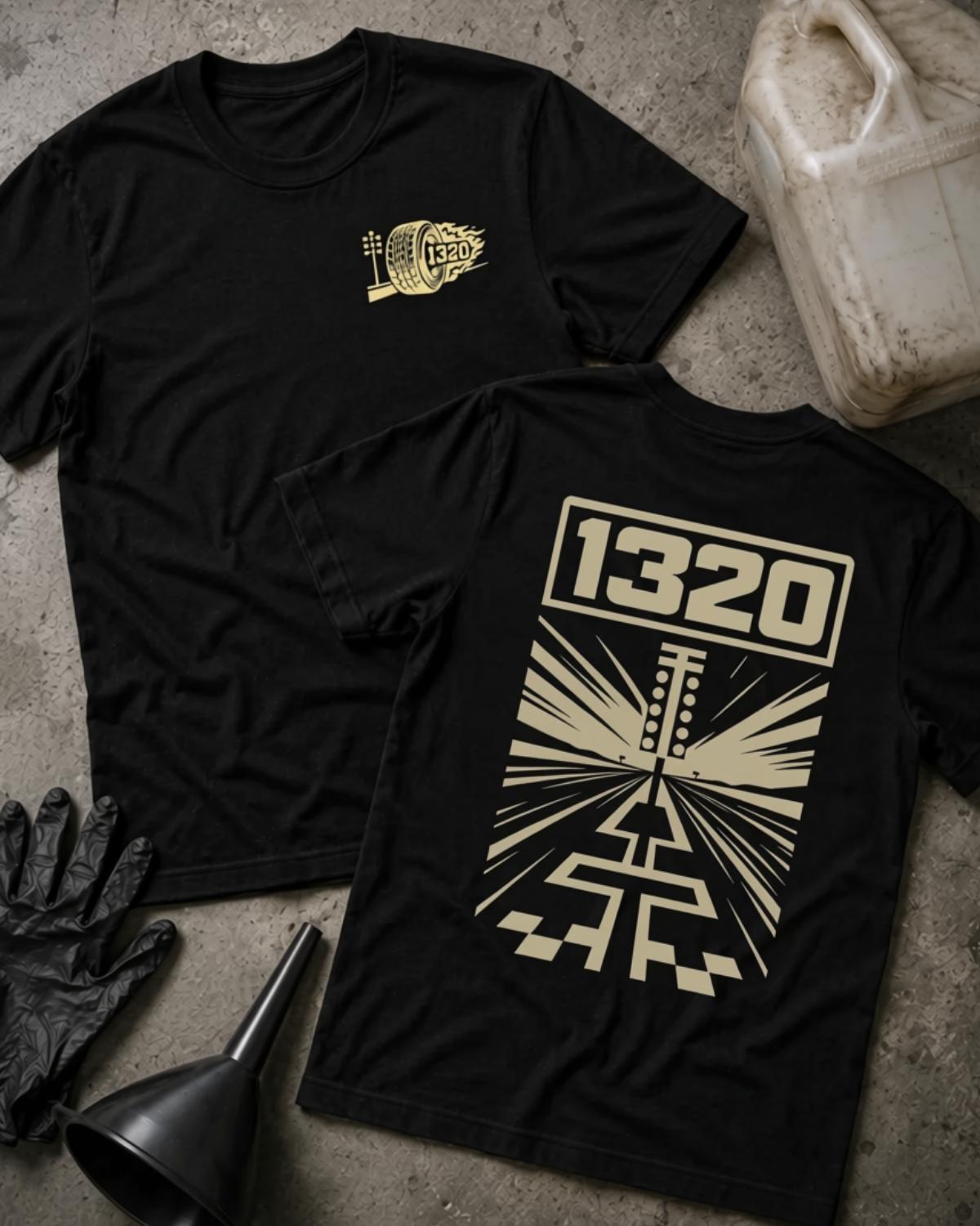 Black 1320 drag racing T-shirt, front and back views with a gold tire-and-flames chest logo and large gold back graphic featuring “1320,” a starting light, speed lines, and a checkered drag strip.