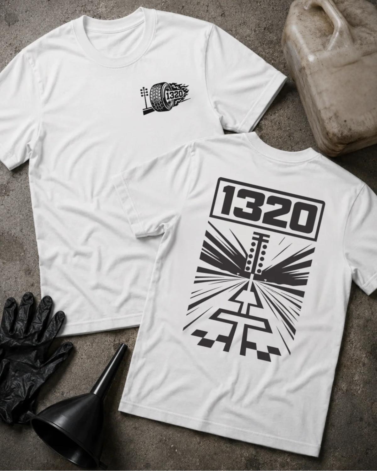 White 1320 drag racing T-shirt, front and back views with a black tire-and-flames chest logo and large black back graphic featuring “1320,” a starting light, speed lines, and a checkered drag strip.