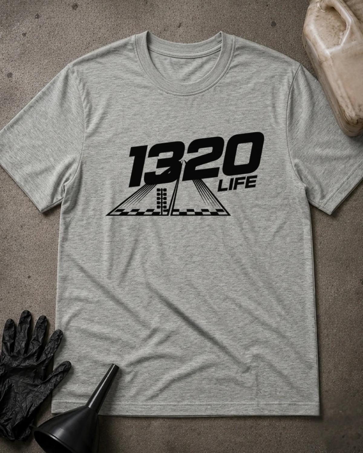 Athletic Heather gray 1320 Life drag racing T-shirt featuring black “1320 Life” lettering above a drag strip graphic with a starting light and checkered line.