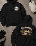 Front and back of black Been Sober Racing hoodie with a Sober Pit Crew chest emblem and gold drag car beside a blue nitrous bottle, reading “Knarley Back on the Bottle.”