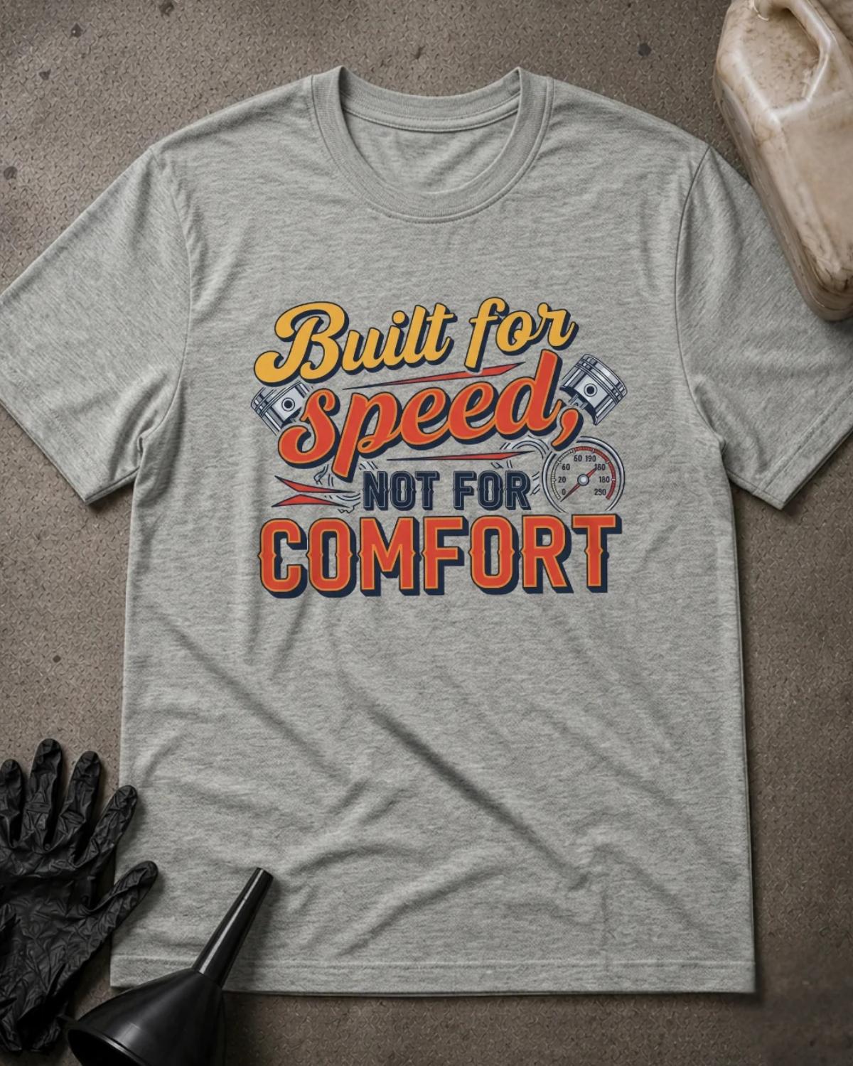 Athletic Heather gray Built for Speed piston T-shirt featuring yellow, orange, and black “Built for speed, not for comfort” lettering with piston and speedometer graphics.