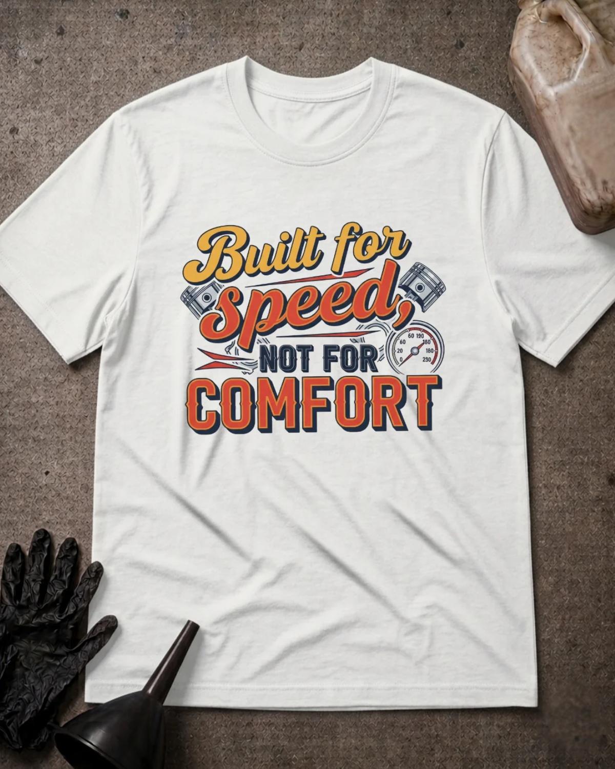 White Built for Speed piston T-shirt featuring yellow, orange, and black “Built for speed, not for comfort” lettering with piston and speedometer graphics.