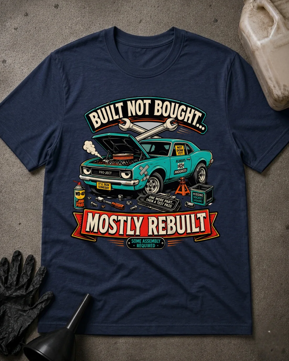 Front of navy T-shirt with a teal project car, open hood and tools graphic reading “Built Not Bought… Mostly Rebuilt.”