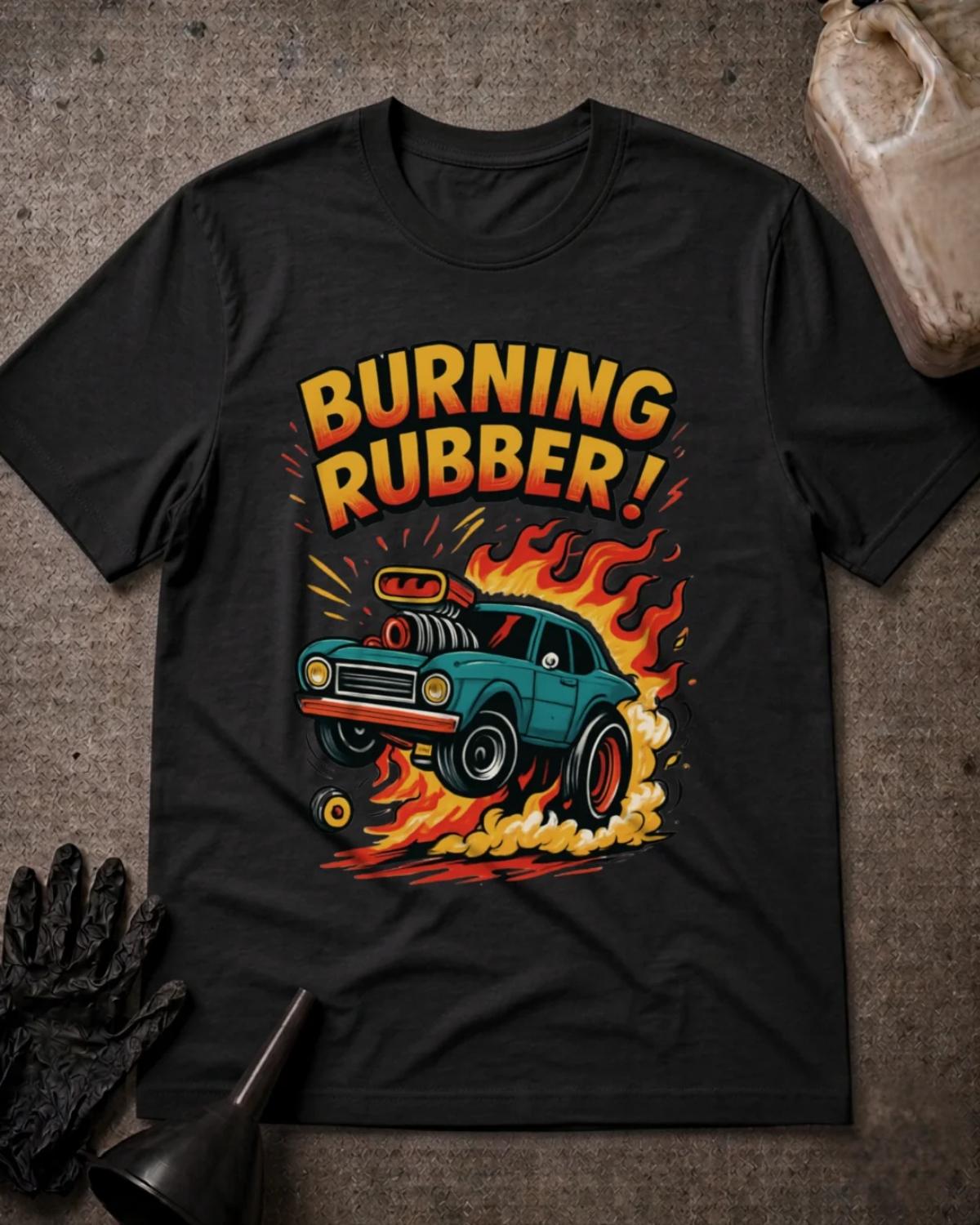 Black Burning Rubber retro car T-shirt featuring a teal supercharged car lifting its front wheels amid orange flames and tire smoke, beneath yellow and orange “Burning Rubber!” lettering.