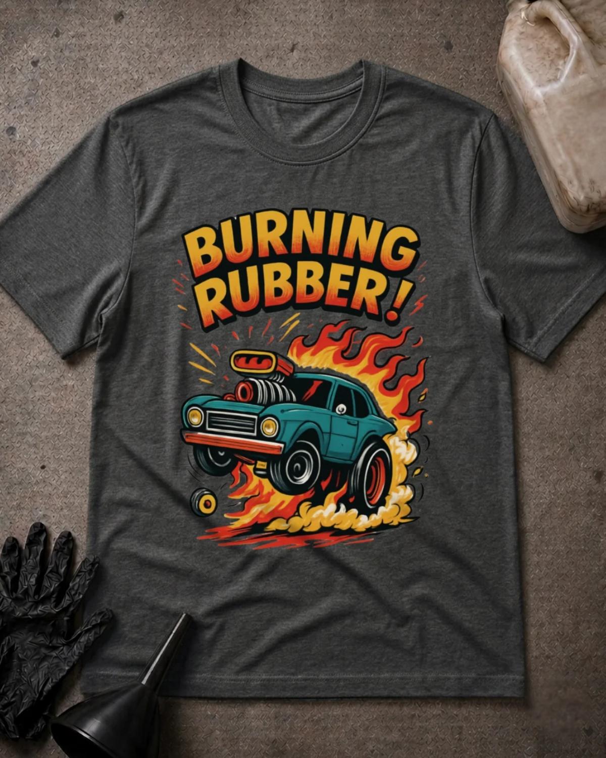 Dark Grey Heather Burning Rubber retro car T-shirt featuring a teal supercharged car lifting its front wheels amid orange flames and tire smoke, beneath yellow and orange “Burning Rubber!” lettering.
