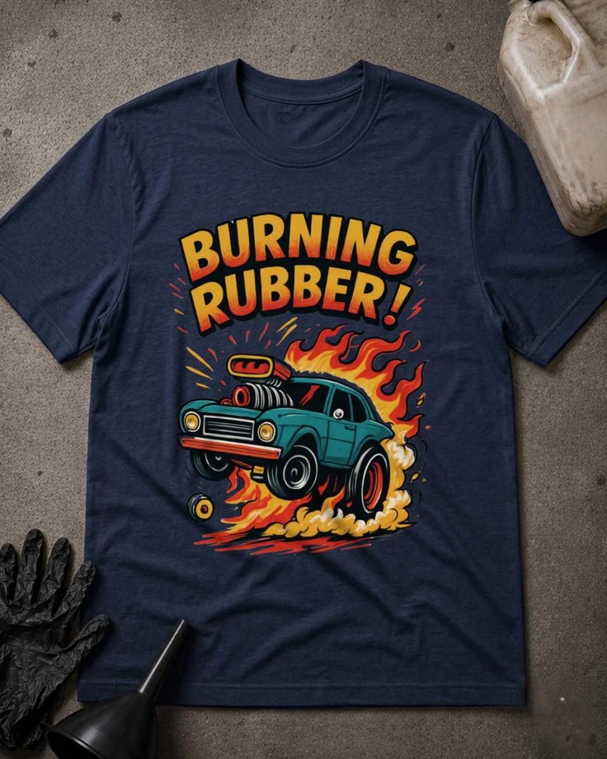 Navy Burning Rubber retro car T-shirt featuring a teal supercharged car lifting its front wheels amid orange flames and tire smoke, beneath yellow and orange “Burning Rubber!” lettering.