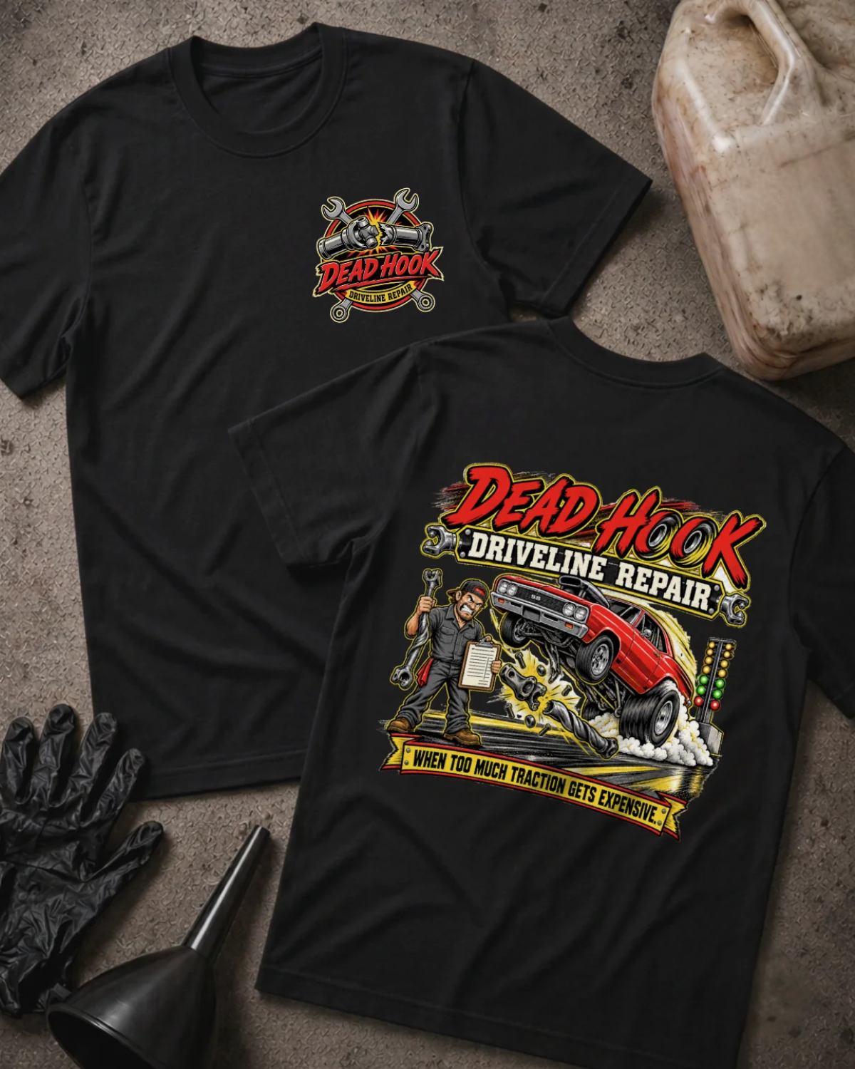 Front and back of black Dead Hook Driveline Repair T-shirt with a small chest logo and back graphic of a red drag car, mechanic and broken driveshaft.