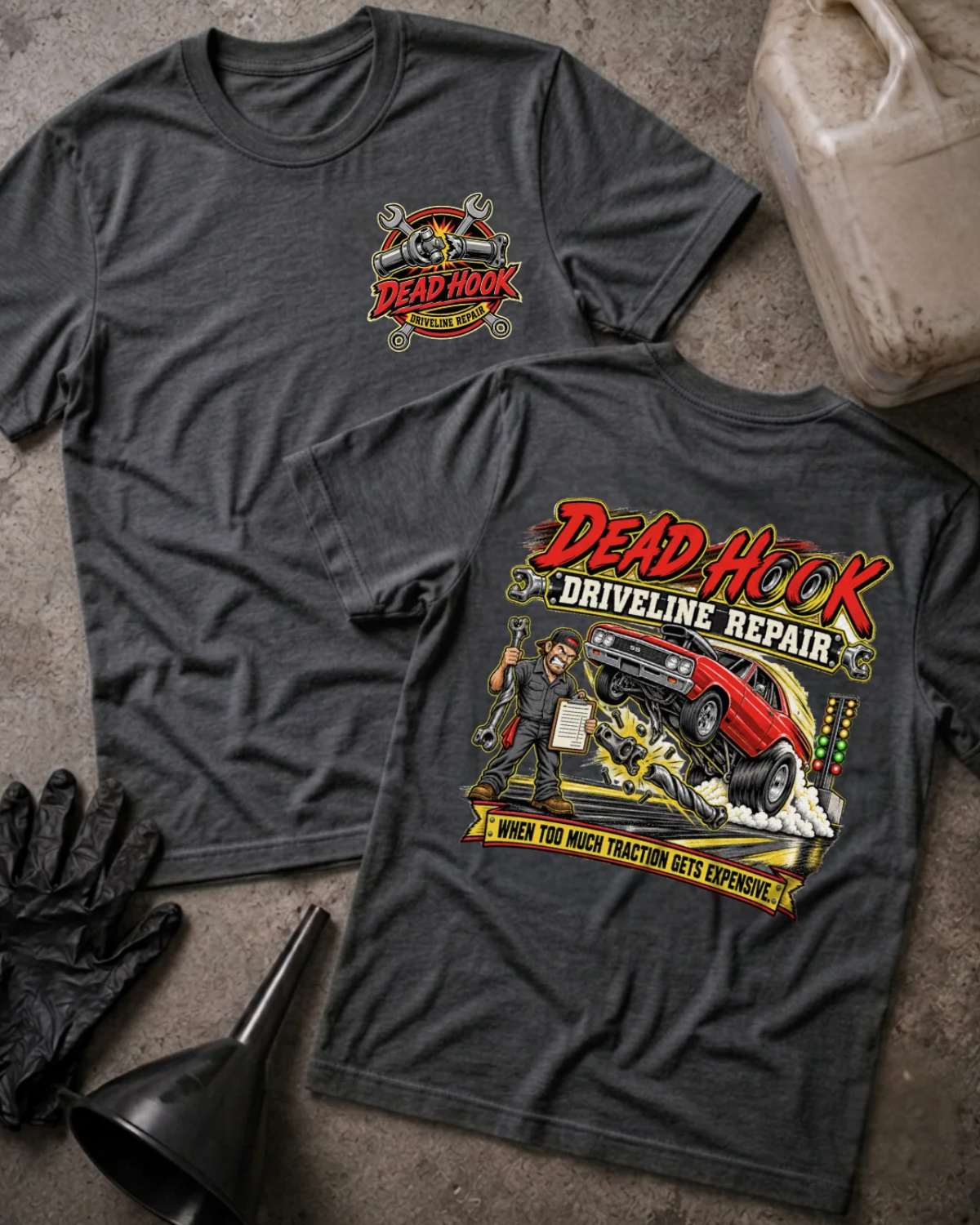 Front and back of dark grey heather Dead Hook Driveline Repair T-shirt with a small chest logo and red drag car, mechanic and broken driveshaft back graphic.