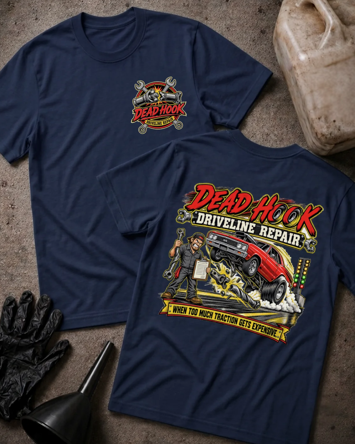 Front and back of navy Dead Hook Driveline Repair T-shirt with a small chest logo and back graphic of a red drag car, mechanic and broken driveshaft.