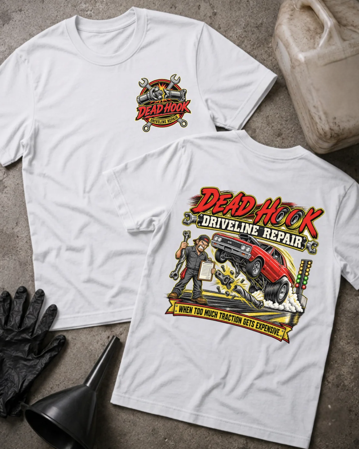 Front and back of white Dead Hook Driveline Repair T-shirt with a small chest logo and back graphic of a red drag car, mechanic and broken driveshaft.