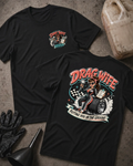 Front and back of black Drag Wife T-shirt with a small chest emblem and woman holding a tire pressure gauge and clipboard while seated on a racing tire on the back.