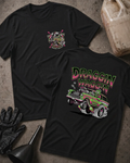 Front and back of black Draggin Waggin T-shirt with a small chest emblem and green and pink hot rod wagon with a cartoon monster driver on the back.
