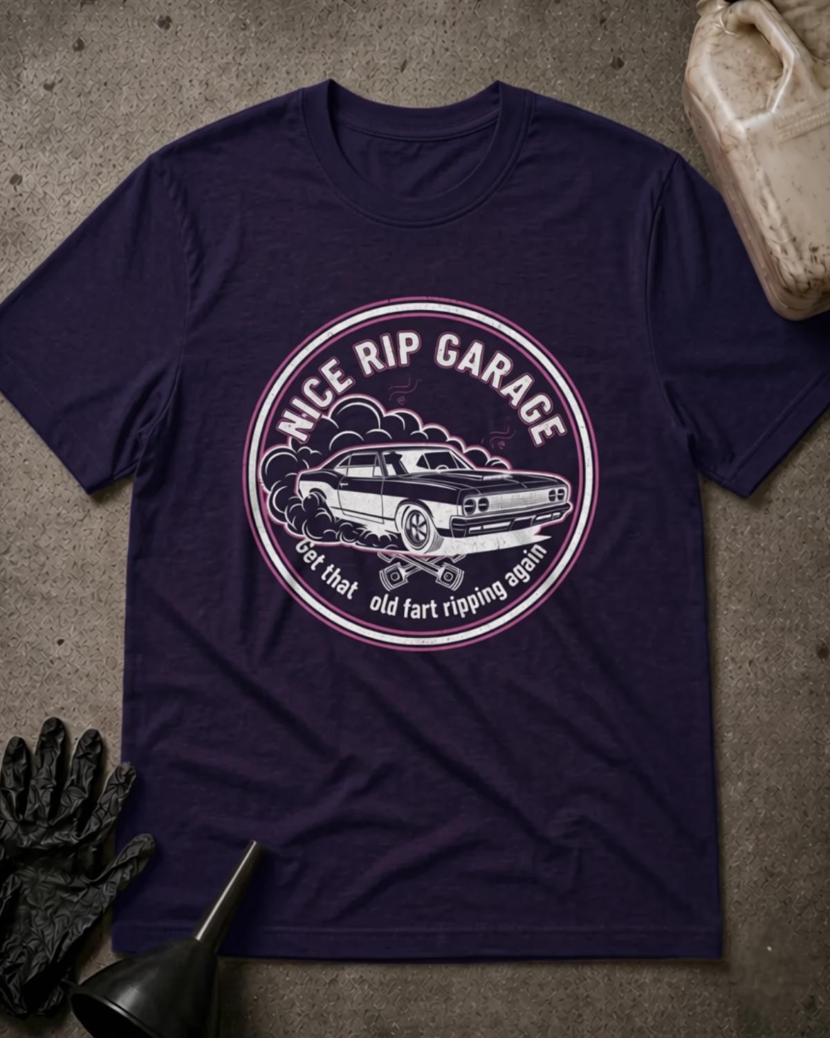 Team Purple Nice Rip Garage drag racing T-shirt featuring a circular emblem with a classic muscle car, tire smoke, crossed pistons, and “Get that old fart ripping again.”